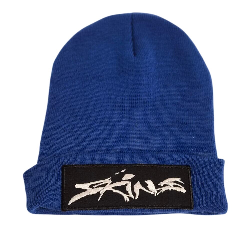 Skins Blue Knit Beanie Embroidered Logo Patch Cuffed Watch Cap Streetwear Hat